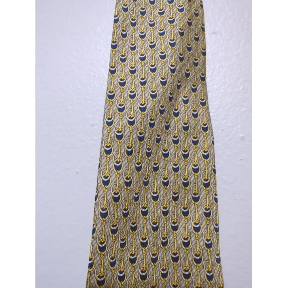 Pura Seta Mens Silk Tie Tan Gold Blue Equestrian‎ Horsebit Chain Made in Italy